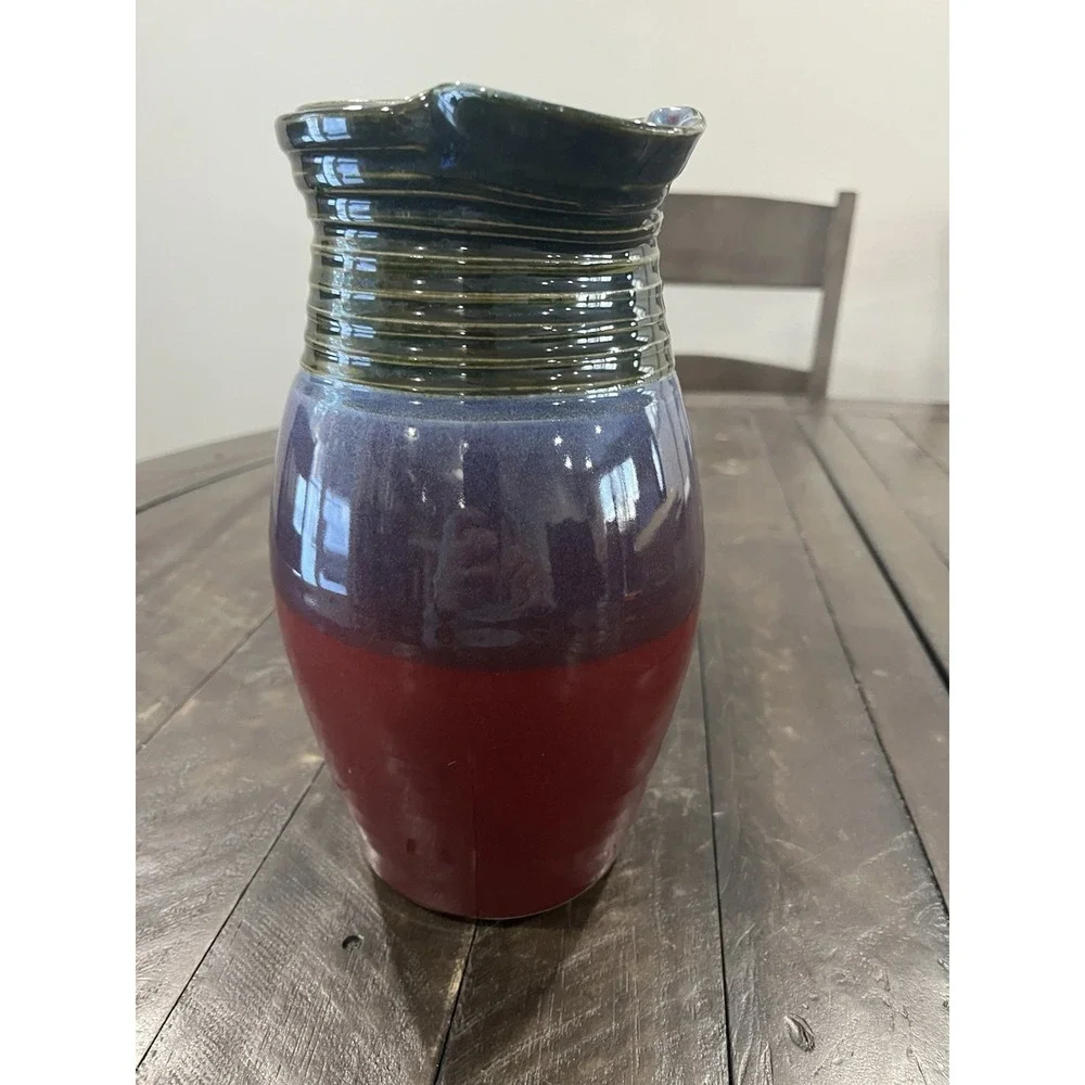 Vtg Pam Snyder Art Pottery Pitcher‎ Green Purple Maroon 9
